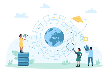 Fast internet connection, communication technology vector illustration. Cartoon tiny people test speed of signal with magnifying glass, holding wireless sign, circle circuit and globe of Earth inside