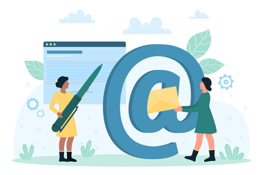 Email letter communication, confirmation message and mail customer support vector illustration. Cartoon tiny people holding pen and email symbol to write text and answer on digital correspondence
