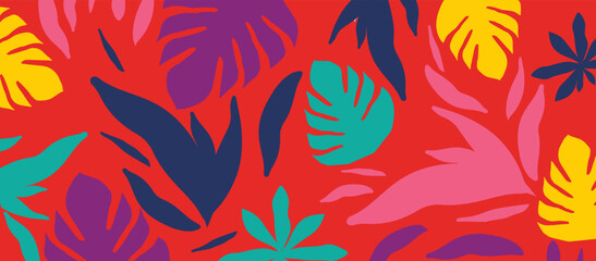 Fototapeta na wymiar Colorful organic shapes seamless pattern. Cute botanical shapes, random cutouts of tropical leaves and flowers, decorative abstract art vector illustration
