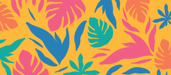 Fototapeta premium Colorful organic shapes seamless pattern. Cute botanical shapes, random cutouts of tropical leaves and flowers, decorative abstract art vector illustration