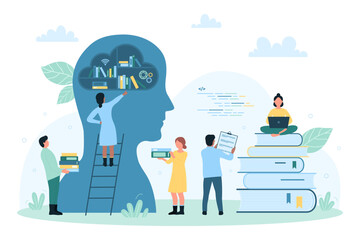 Fototapeta na wymiar Knowledge and higher education vector illustration. Cartoon students study with books from bookshelf inside abstract human head, experience organization, idea and content management by tiny people