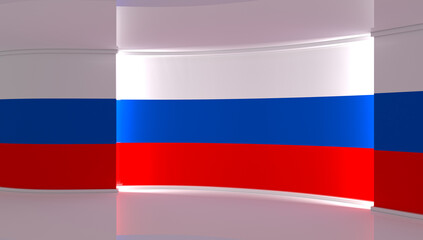 Russian. Russian Federation flag. Russian Federation flag background. TV studio. News studio. Backdrop for any green screen or chroma key video or photo production. 3d render. 3d