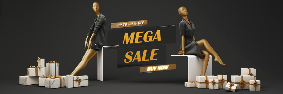 Statue of model mannequin in gold for showcasing fashion formal clothes in an abstract concept. on stone pallet geometric product stand. isolate on black background with promotion sale. 3d rendering