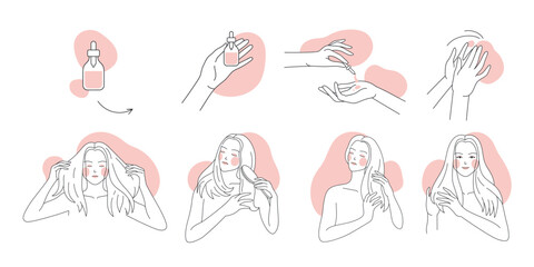 Hair care and treatment set of line icons vector illustration. Hand drawn outline female model with long hair doing scalp massage and combing, rub natural oil or serum product for haircare with comb