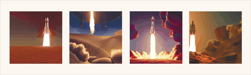outer space launch system takes off. Vector illustration , Mission Mars poster retro vintage style with rocket. Worn texture separate layer. space exploration, colonization Mars. Space adventure. 