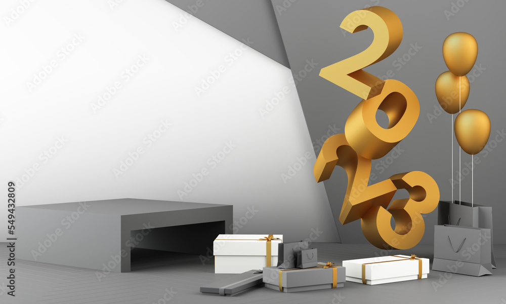 Poster letters gold texture of 2023 in the concept of new year, white marble color tones, surrounded by geo