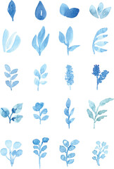Set of Blue watercolor floral elements isolated on white background. Loose watercolor technique.