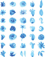 Set of Blue watercolor floral elements isolated on white background. Loose watercolor technique.