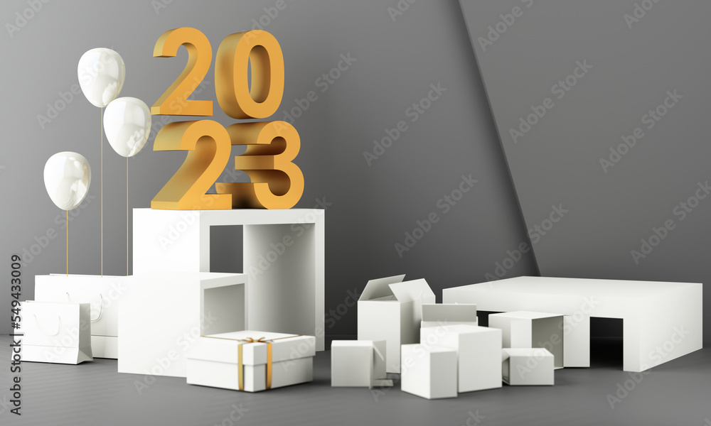 Poster letters gold texture of 2023 in the concept of new year, white marble color tones, surrounded by geo