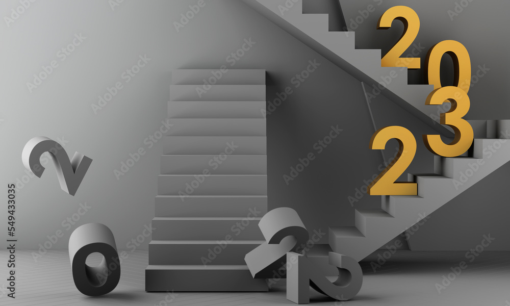 Poster letters gold texture of 2023 in the concept of new year, white marble color tones, surrounded by geo