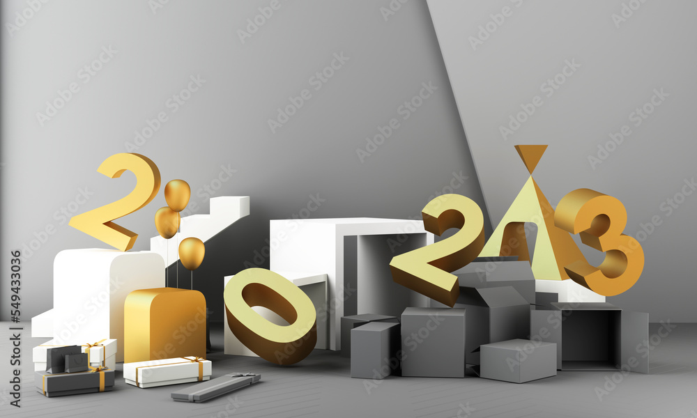 Poster letters gold texture of 2023 in the concept of new year, white marble color tones, surrounded by geo