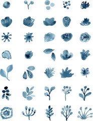 Set of Blue watercolor floral elements isolated on white background. Loose watercolor technique.