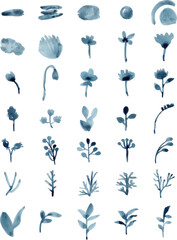Set of Blue watercolor floral elements isolated on white background. Loose watercolor technique.