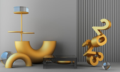 Letters gold texture of 2023 in the concept of New Year, white marble color tones, surrounded by geometric shapes for displaying the products and gift boxes with transparent balls. 3d rendering