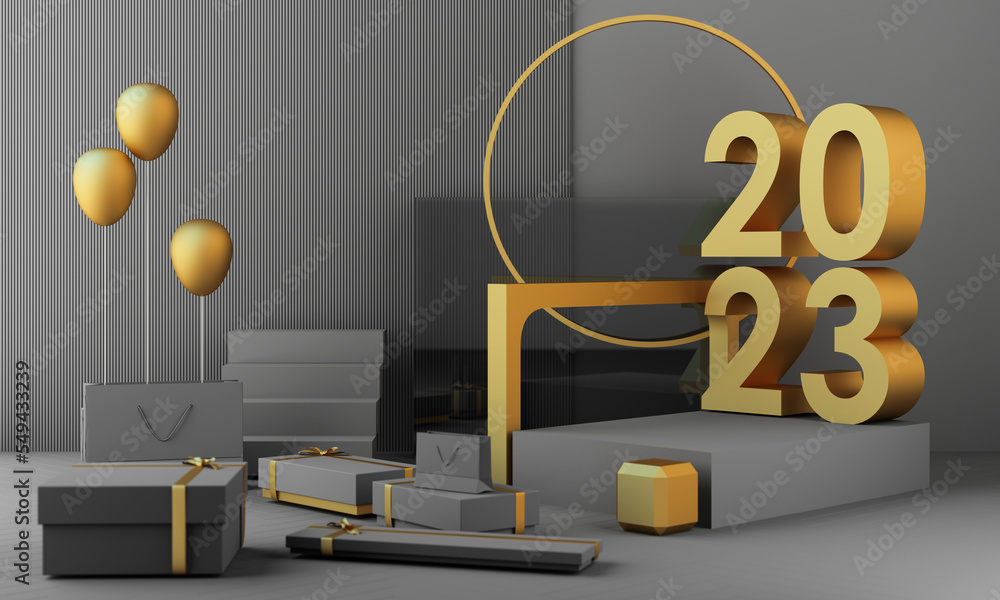 Poster letters gold texture of 2023 in the concept of new year, white marble color tones, surrounded by geo