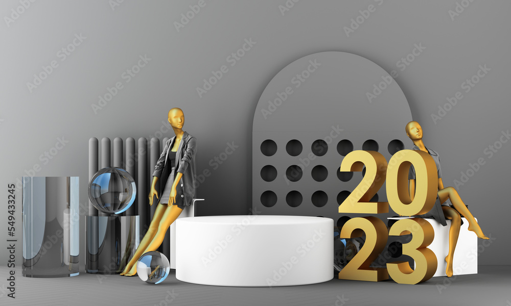Poster letters gold texture of 2023 in the concept of new year, white marble color tones, surrounded by geo