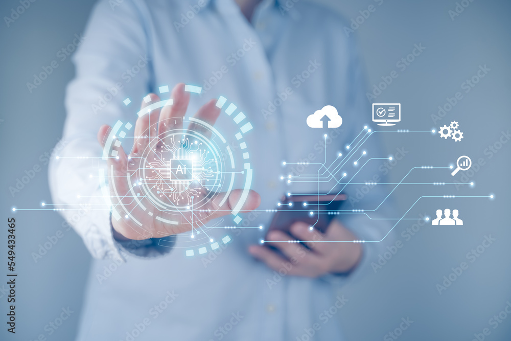 Poster technology abstract background with hand touching complex circular diagram on virtual screen with co