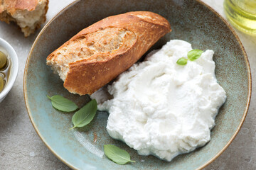 Rustic plate with italian ricotta cheese and crusty baguette, middle close-up, horizontal shot, selective focus