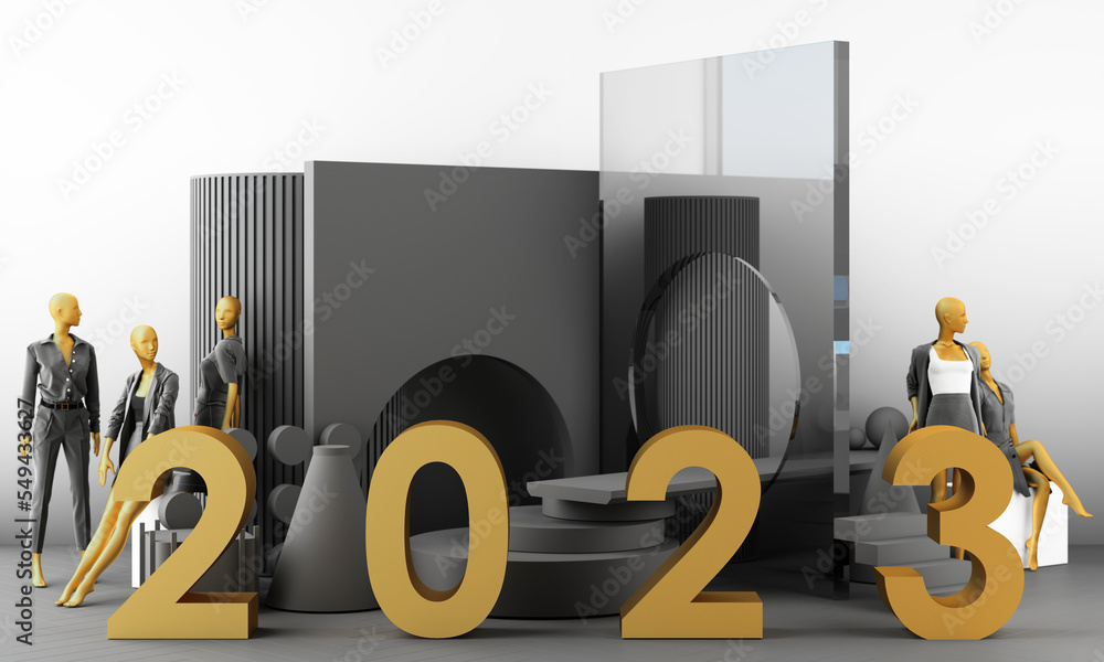 Poster letters gold texture of 2023 in the concept of new year, white marble color tones, surrounded by geo
