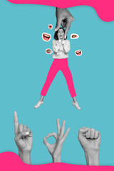 Collage photo of young dont understanding lady wear pink pants touch cheeks no idea idea dumb listen media sign language isolated on blue background