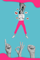 Collage photo of young dont understanding lady wear pink pants touch cheeks no idea idea dumb...