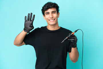 Tattoo artist Argentinian man isolated on blue background happy and counting four with fingers
