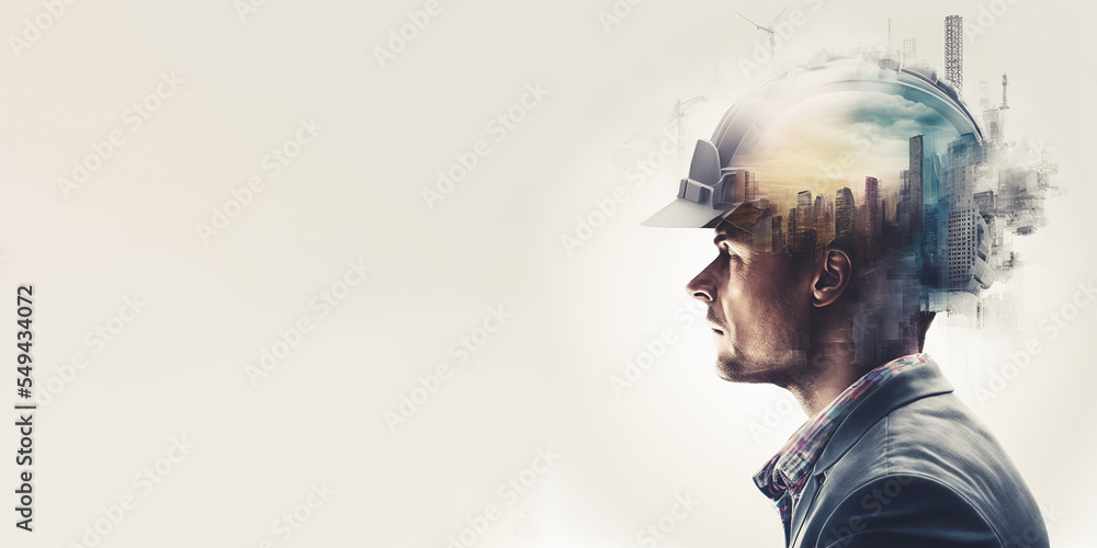 Poster future building construction engineering project devotion with double exposure graphic design. build