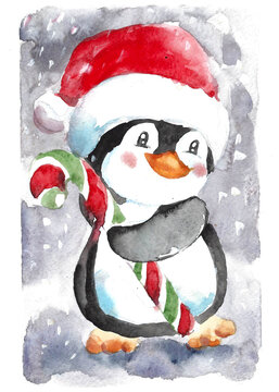 Penguine baby in Christmas hat with candy cane watercolor illustration.
