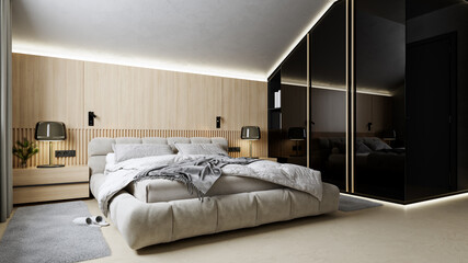 Modern interior design of slanted ceiling bedroom with wooden wall and black glossy closet, 3d rendering, 3d illustration