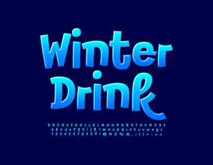 Vector Bright Banner Winter Drink. Blue handwritten Font. Playful Alphabet Letters and Numbers