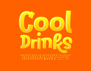 Vector playful banner Cool Drinks. Glossy Yellow Font. Funny Alphabet Letters, Numbers and Symbols set