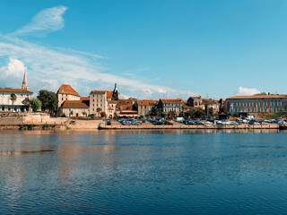 Bergerac, town in Aquitaine. Cyrano’s city. Dock (Quai Salvette) hectic life of the bargemen and traditional gabarres, flat-bottomed boats on Dordogne