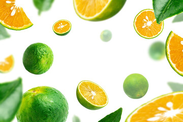 Levitating Calamansi or Green Orange Fruits with slices and leaves isolated on white background.