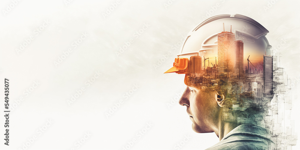 Poster future building construction engineering project devotion with double exposure graphic design. build