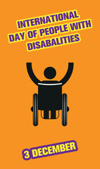 3 December International World of People With Disabilities Day banner design, wheelchair, remove obstacles, hope, physiotherapy.  Poster design. Support.