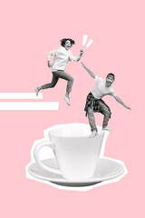 3d retro abstract creative collage artwork template collage of funky excited lady guy having fun enjoy beverage isolated painting background