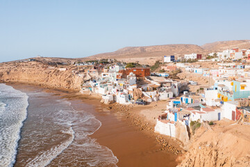 Aerial view of small surfing and fishing village of Imsouane, Morocco