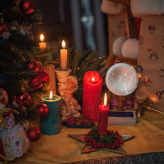 Winter Christmas time concept. Decoration at home, details and ideas for New Year	