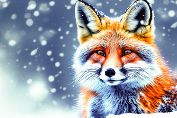 Fototapeta premium Red-haired cute fairy fox with sweet eyes hides in snowdrifts while playing with falling snow, illustration