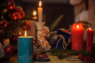 Winter Christmas time concept. Decoration at home, details and ideas for New Year	