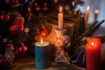 Winter Christmas time concept. Decoration at home, details and ideas for New Year	