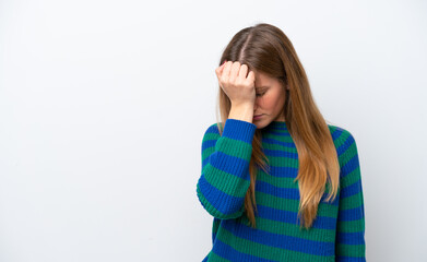 Young caucasian woman isolated on white background with headache