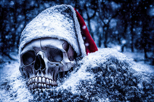 A human skull with a red Christmas hat was found in the snow in a mysterious forest. It is likely that there will be no Christmas party this year due to the skull of the dead Santa Claus.