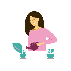 Girl watering flowers and dreams. Vector concept illustrartion.