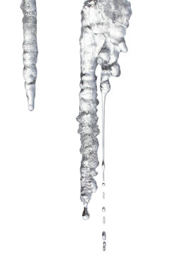 An icicle highlighted on a transparent background. Melting icicle with falling drops of water. PNG