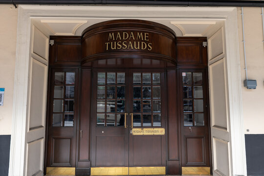 London. UK. 03.30.2021. The name sign above one of the entrance to Madame Tussauds.