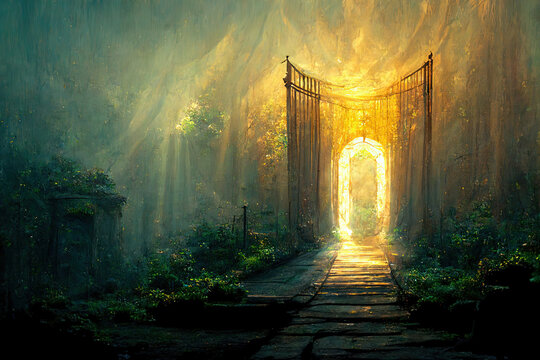 Helles Licht scheint durch ein altes Tor.