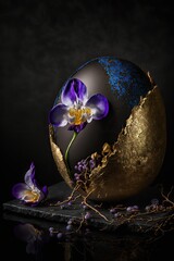 Broken egg with blue iris flower, Valentine gift 