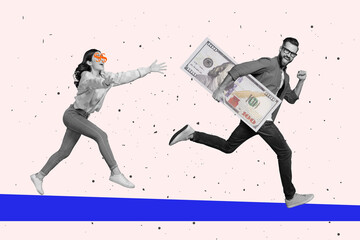 Creative collage illustration of two excited black white gamma people running hold huge dollar banknote isolated on painted background