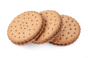Chocolate cookies with cream filling on white background.